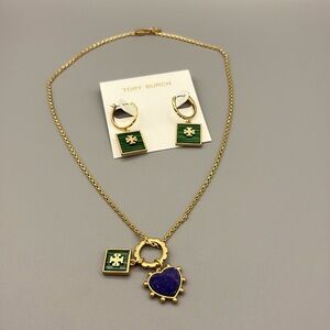 Tory Burch Heart and Square Charm Necklace & Earrings in Semiprecious Stone